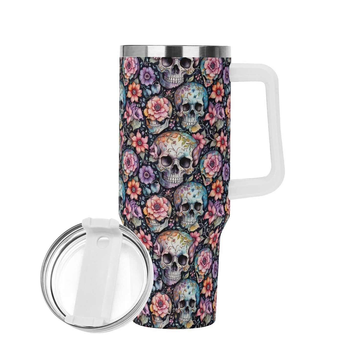 Pastel Floral and Skulls 40oz Stainless Steel Tumbler Gift With White Handle and Straw - DeRose Seasonal
