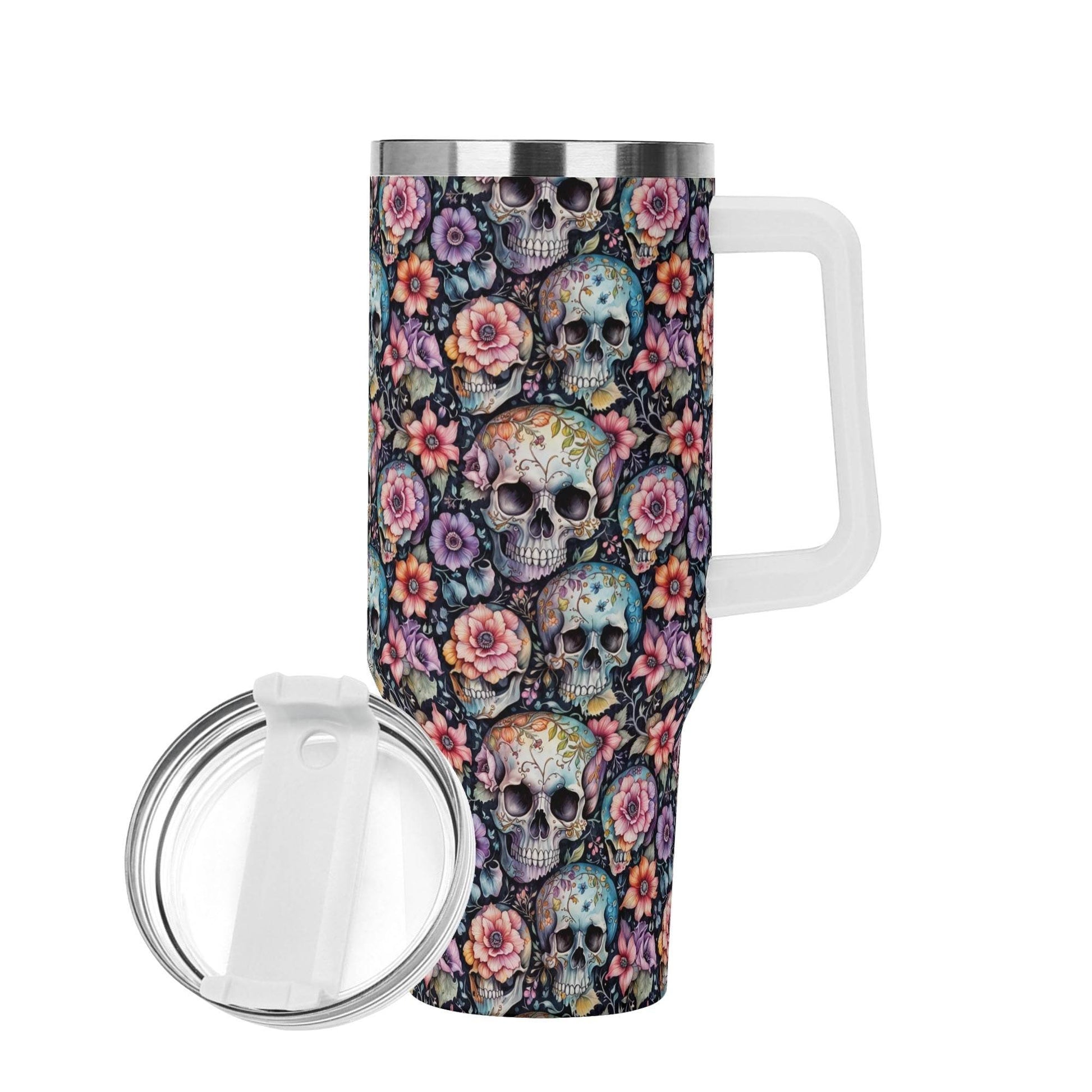 Pastel Floral and Skulls 40oz Stainless Steel Tumbler Gift With White Handle and Straw - DeRose Seasonal