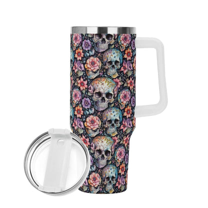 Pastel Floral and Skulls 40oz Stainless Steel Tumbler Gift With White Handle and Straw - DeRose Seasonal