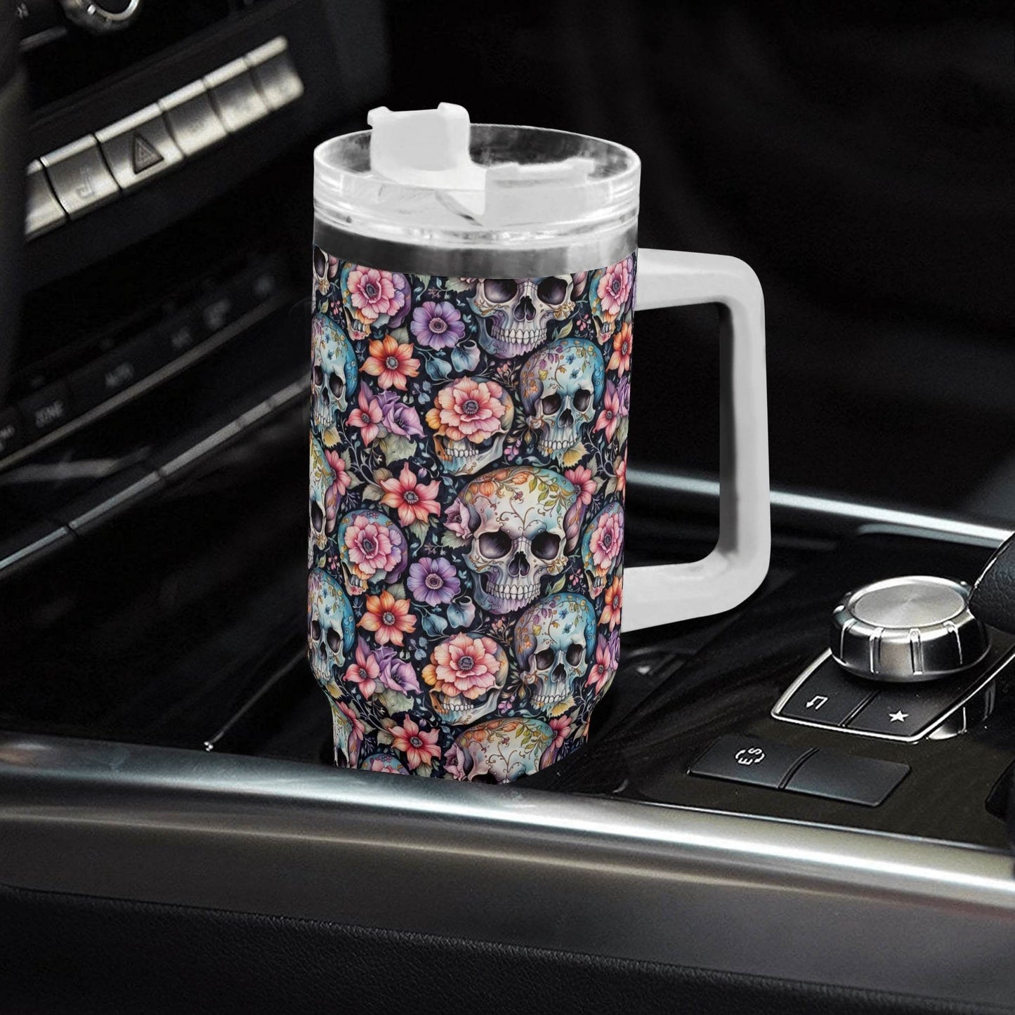 Pastel Floral and Skulls 40oz Stainless Steel Tumbler Gift With White Handle and Straw - DeRose Seasonal
