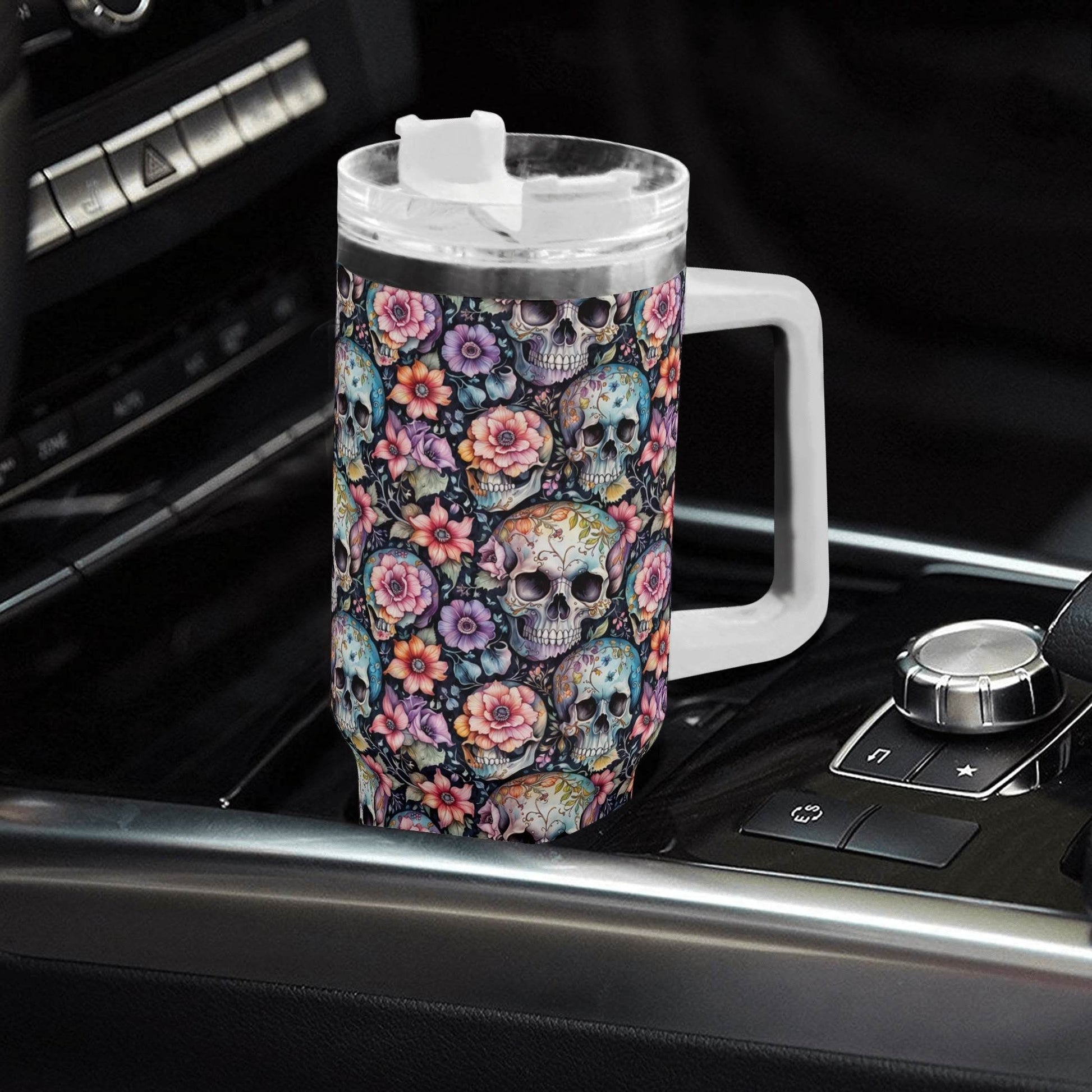 Pastel Floral and Skulls 40oz Stainless Steel Tumbler Gift With White Handle and Straw - DeRose Seasonal