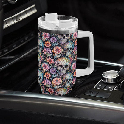 Pastel Floral and Skulls 40oz Stainless Steel Tumbler Gift With White Handle and Straw - DeRose Seasonal