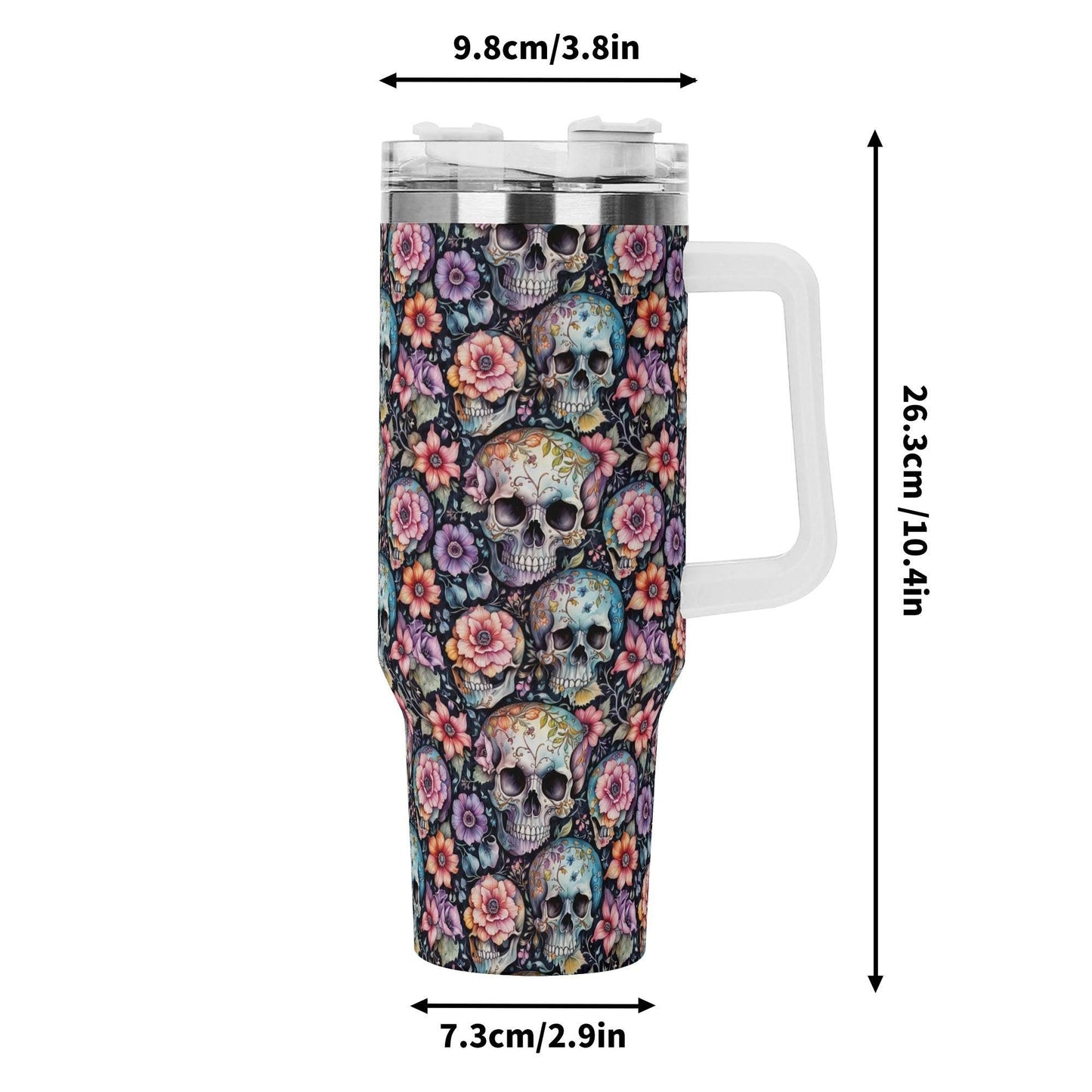 Pastel Floral and Skulls 40oz Stainless Steel Tumbler Gift With White Handle and Straw - DeRose Seasonal