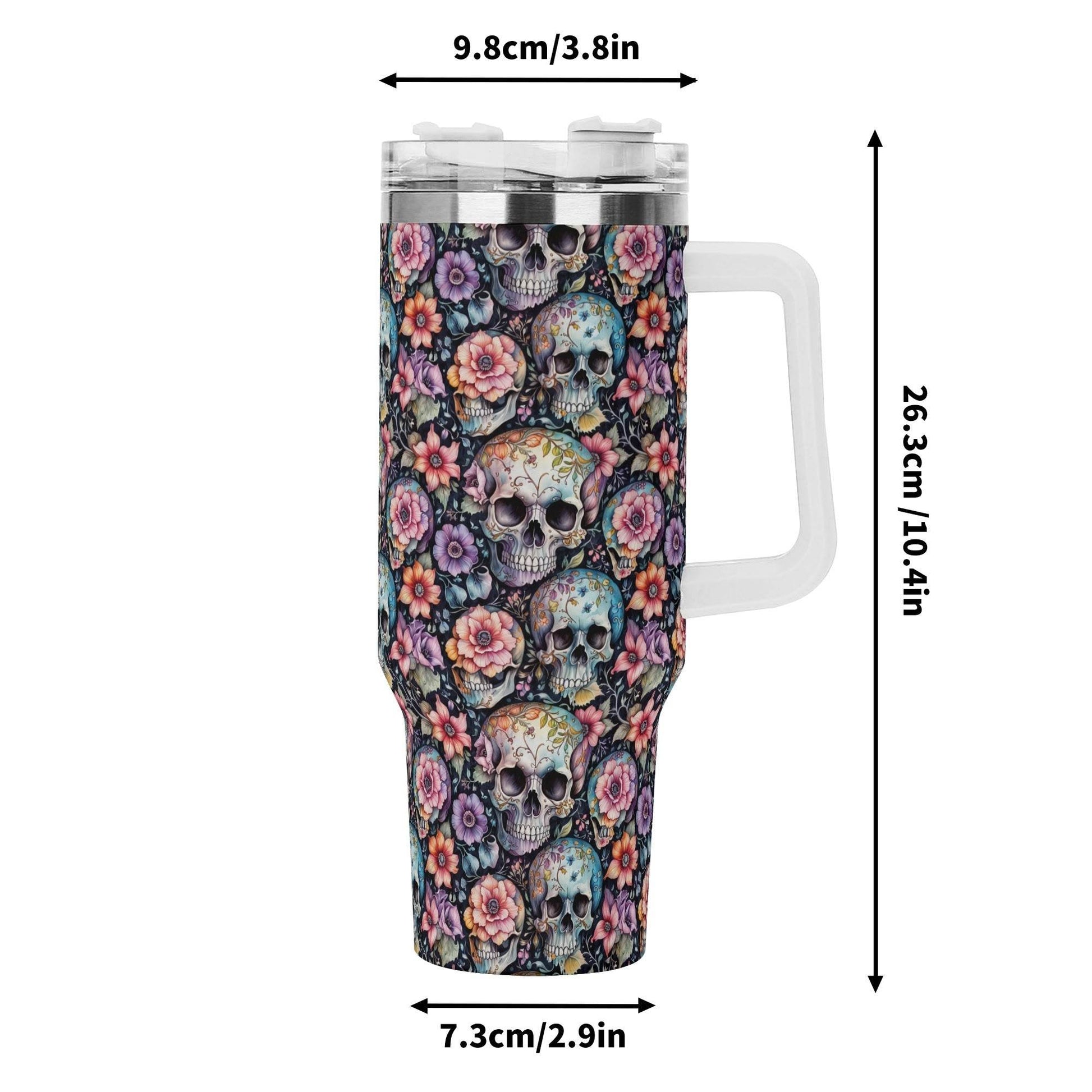 Pastel Floral and Skulls 40oz Stainless Steel Tumbler Gift With White Handle and Straw - DeRose Seasonal
