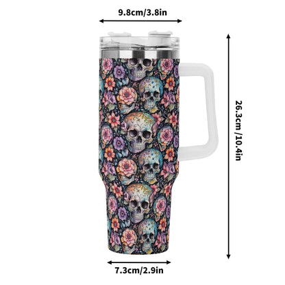 Pastel Floral and Skulls 40oz Stainless Steel Tumbler Gift With White Handle and Straw - DeRose Seasonal
