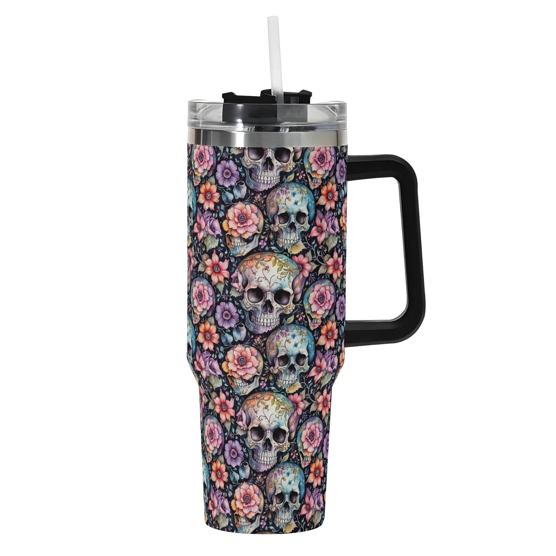 Pastel Floral and Skulls 40oz Stainless Steel Tumbler Gift With Black Handle and Straw - DeRose Seasonal