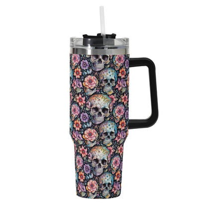 Pastel Floral and Skulls 40oz Stainless Steel Tumbler Gift With Black Handle and Straw - DeRose Seasonal