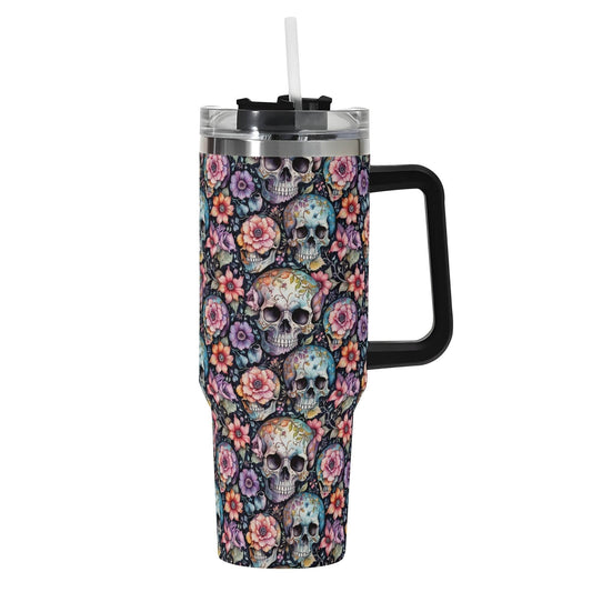 Pastel Floral and Skulls 40oz Stainless Steel Tumbler Gift With Black Handle and Straw - DeRose Seasonal