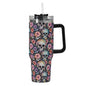 Pastel Floral and Skulls 40oz Stainless Steel Tumbler Gift With Black Handle and Straw - DeRose Seasonal