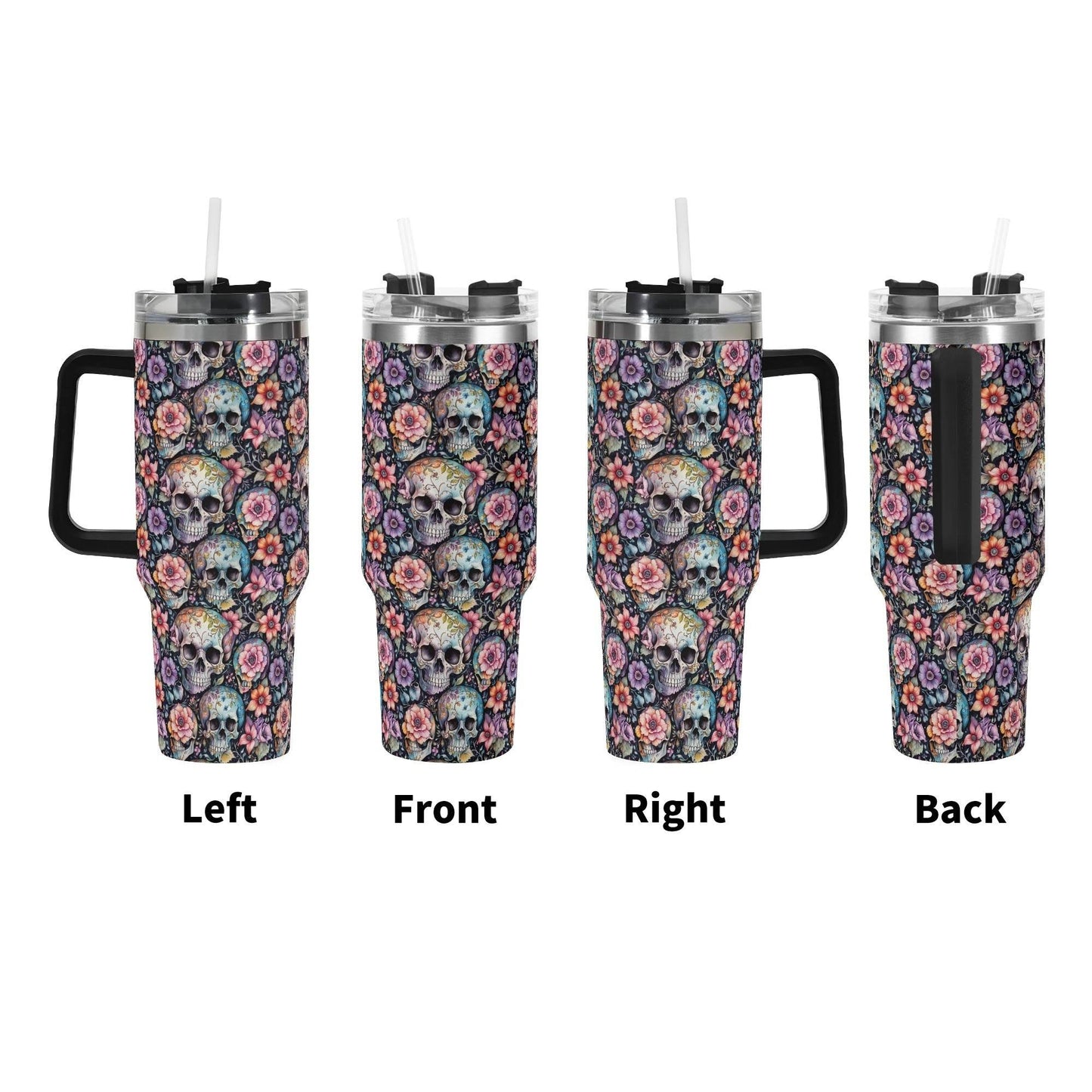 Pastel Floral and Skulls 40oz Stainless Steel Tumbler Gift With Black Handle and Straw - DeRose Seasonal