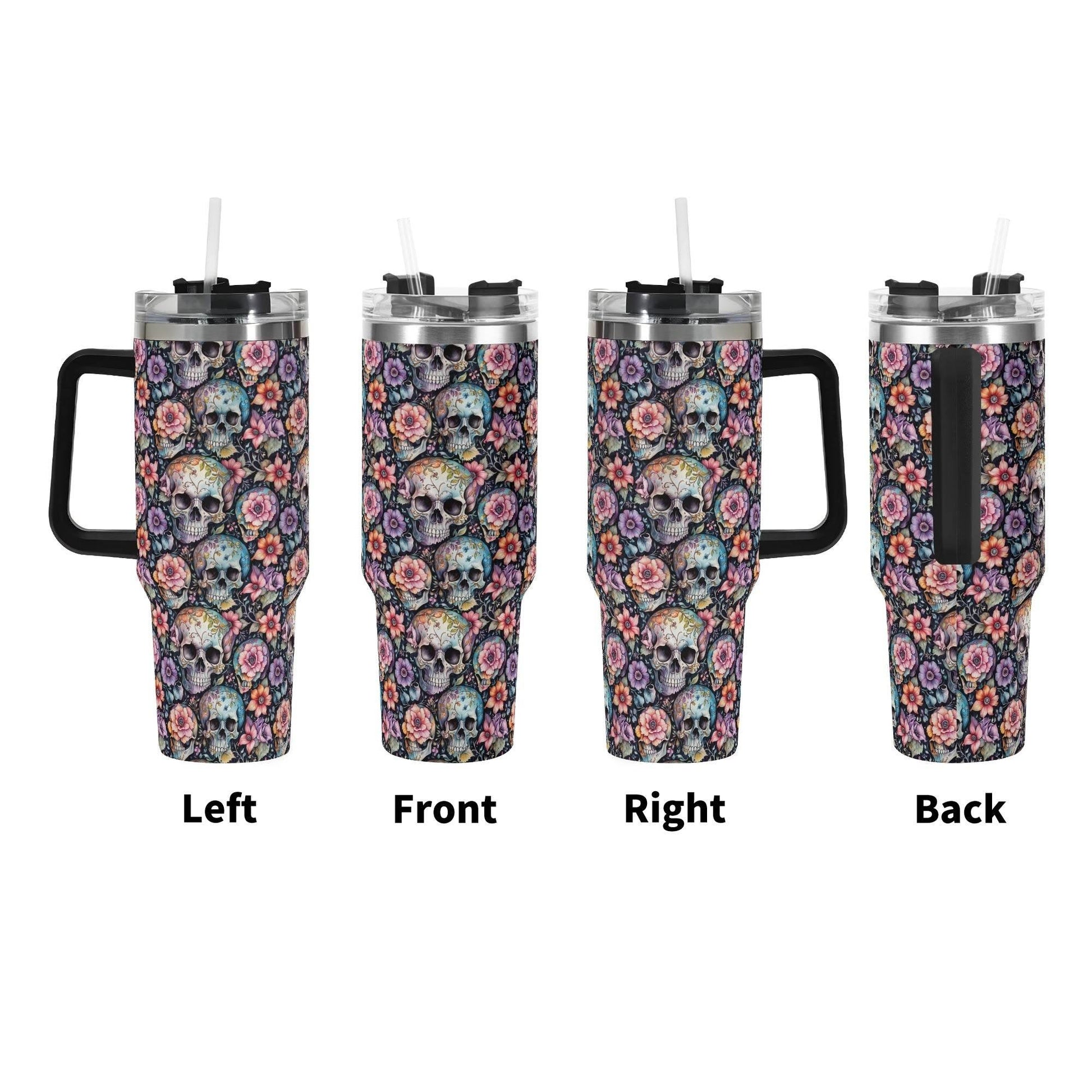 Pastel Floral and Skulls 40oz Stainless Steel Tumbler Gift With Black Handle and Straw - DeRose Seasonal