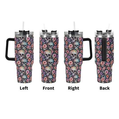 Pastel Floral and Skulls 40oz Stainless Steel Tumbler Gift With Black Handle and Straw - DeRose Seasonal