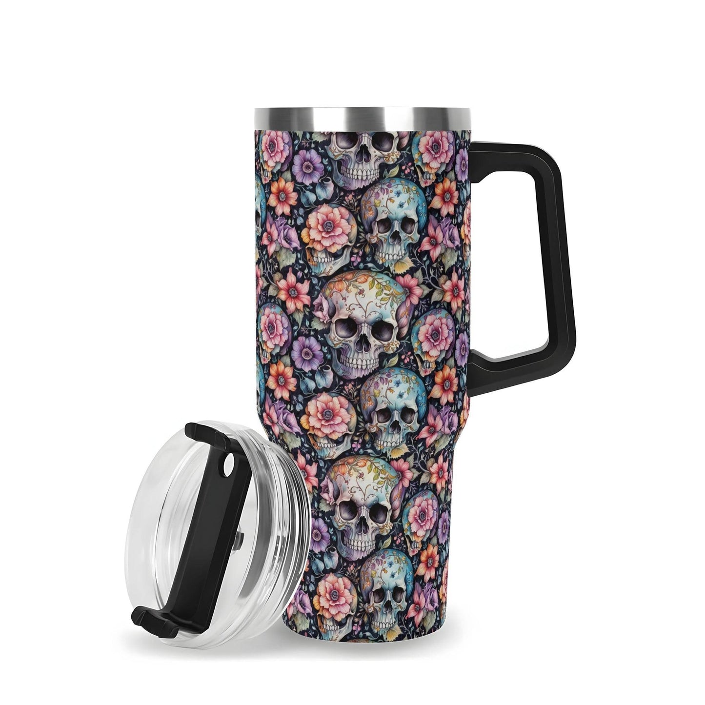 Pastel Floral and Skulls 40oz Stainless Steel Tumbler Gift With Black Handle and Straw - DeRose Seasonal