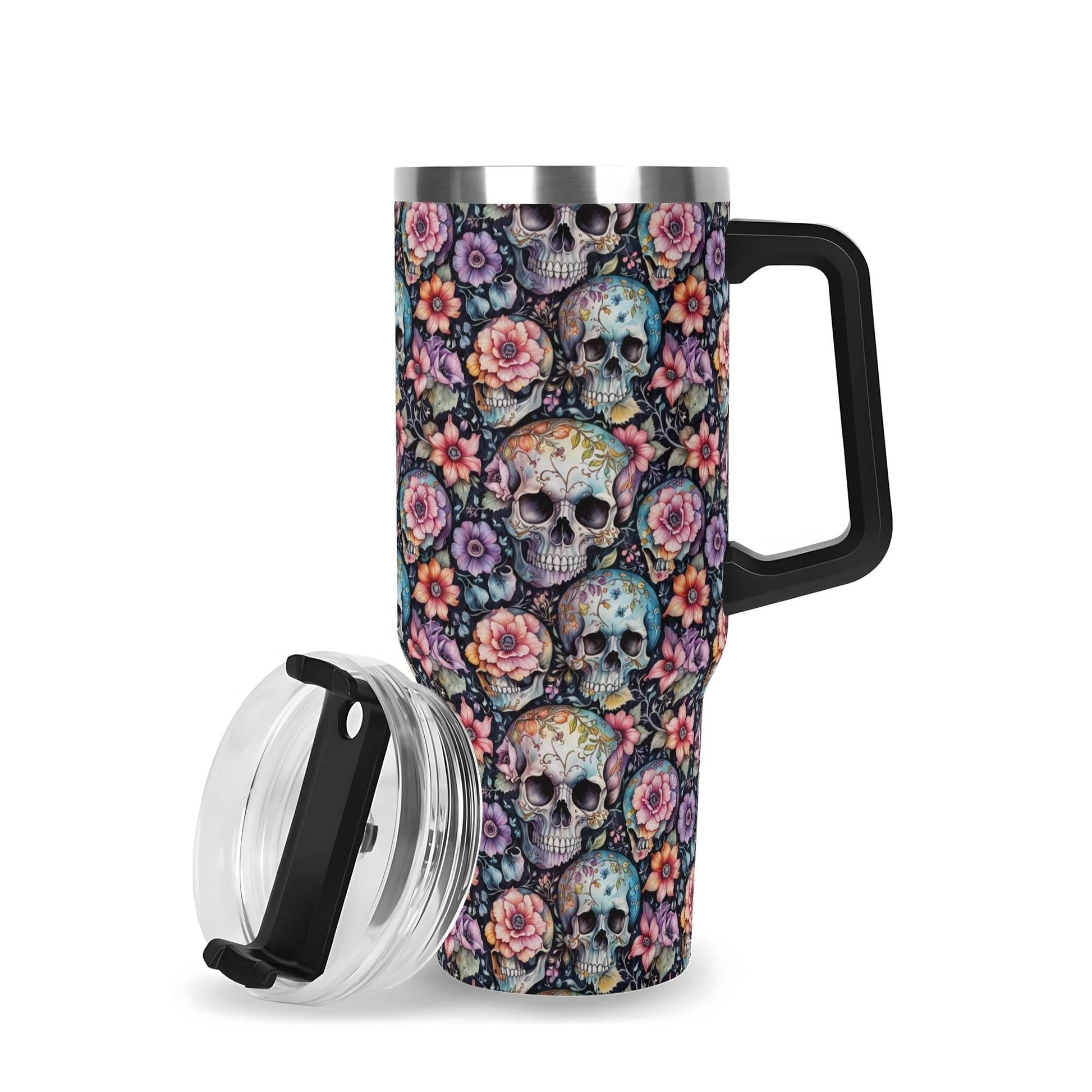 Pastel Floral and Skulls 40oz Stainless Steel Tumbler Gift With Black Handle and Straw - DeRose Seasonal