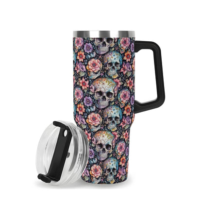 Pastel Floral and Skulls 40oz Stainless Steel Tumbler Gift With Black Handle and Straw - DeRose Seasonal