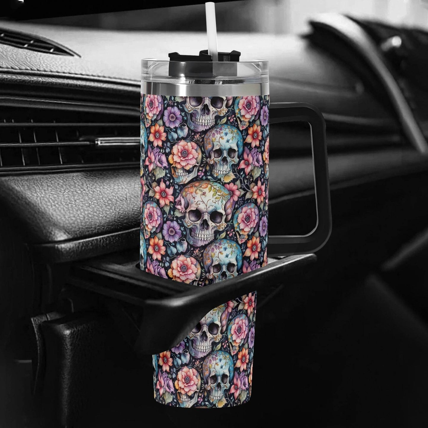 Pastel Floral and Skulls 40oz Stainless Steel Tumbler Gift With Black Handle and Straw - DeRose Seasonal