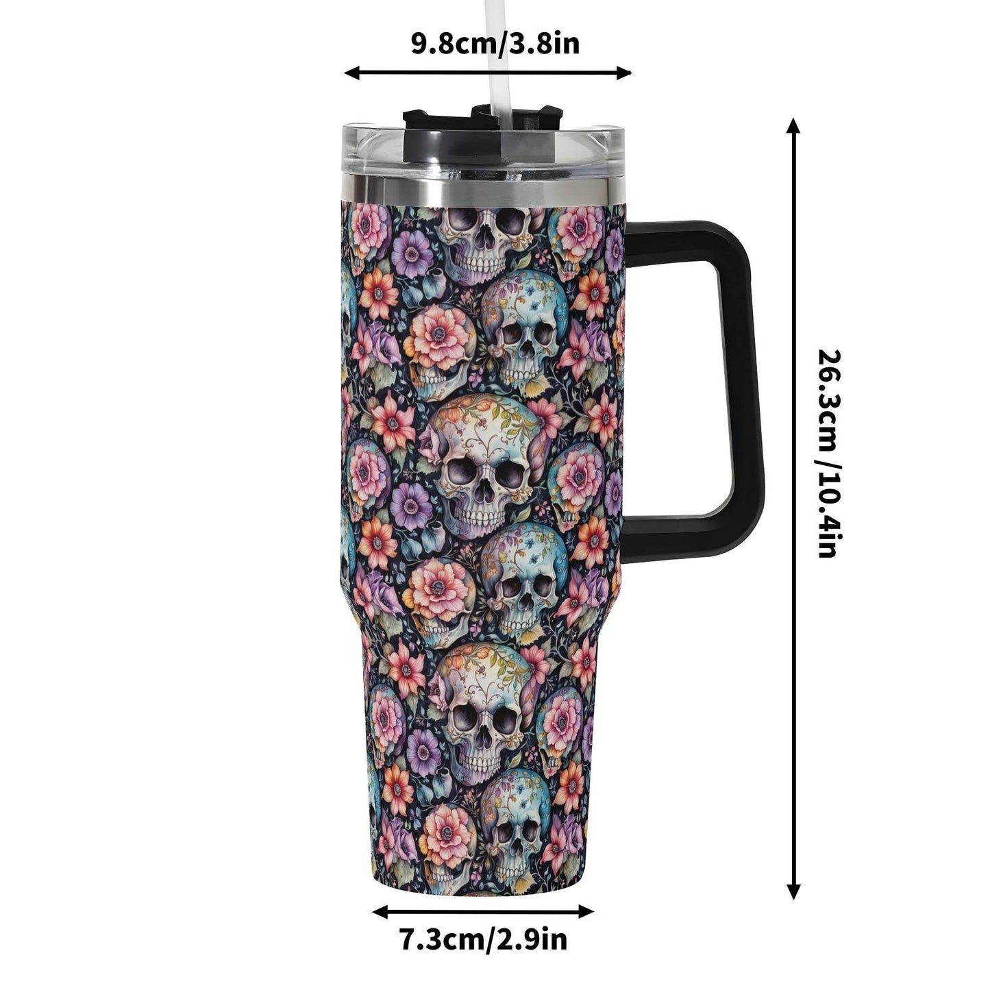 Pastel Floral and Skulls 40oz Stainless Steel Tumbler Gift With Black Handle and Straw - DeRose Seasonal