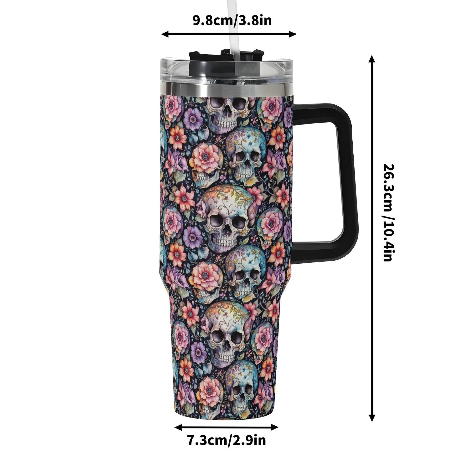 Pastel Floral and Skulls 40oz Stainless Steel Tumbler Gift With Black Handle and Straw - DeRose Seasonal