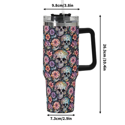 Pastel Floral and Skulls 40oz Stainless Steel Tumbler Gift With Black Handle and Straw - DeRose Seasonal
