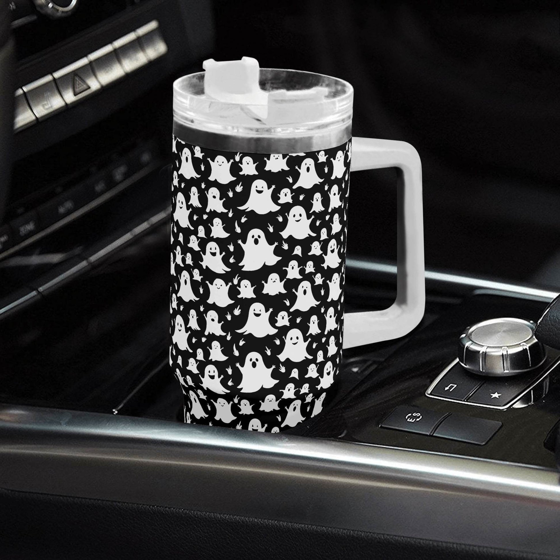 Spooky Ghost 40oz Stainless Steel Tumbler Gift With White Handle and Straw - DeRose Seasonal