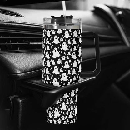 Spooky Ghost 40oz Stainless Steel Tumbler Gift With Black Handle and Straw - DeRose Seasonal