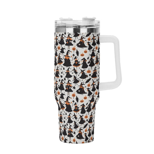 Witches 40oz Stainless Steel Tumbler Gift With White Handle and Straw - DeRose Seasonal