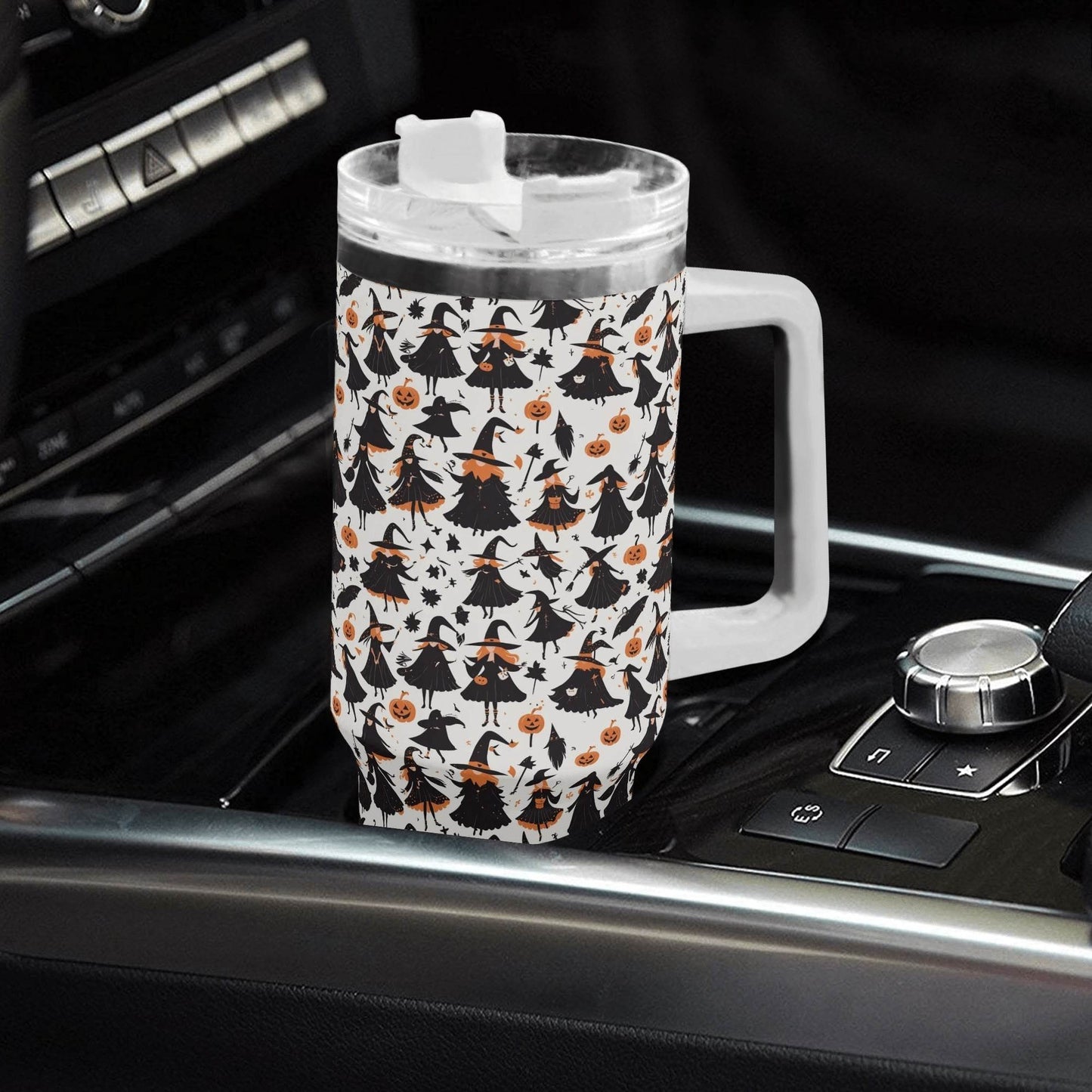 Witches 40oz Stainless Steel Tumbler Gift With White Handle and Straw - DeRose Seasonal
