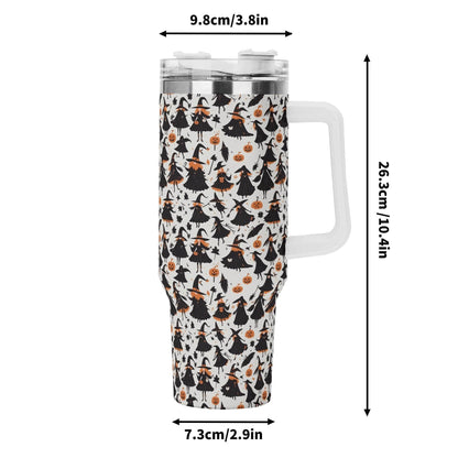 Witches 40oz Stainless Steel Tumbler Gift With White Handle and Straw - DeRose Seasonal