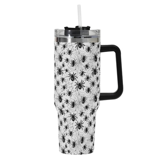 Scary Spiders 40oz Stainless Steel Tumbler Gift With Black Handle and Straw - DeRose Seasonal