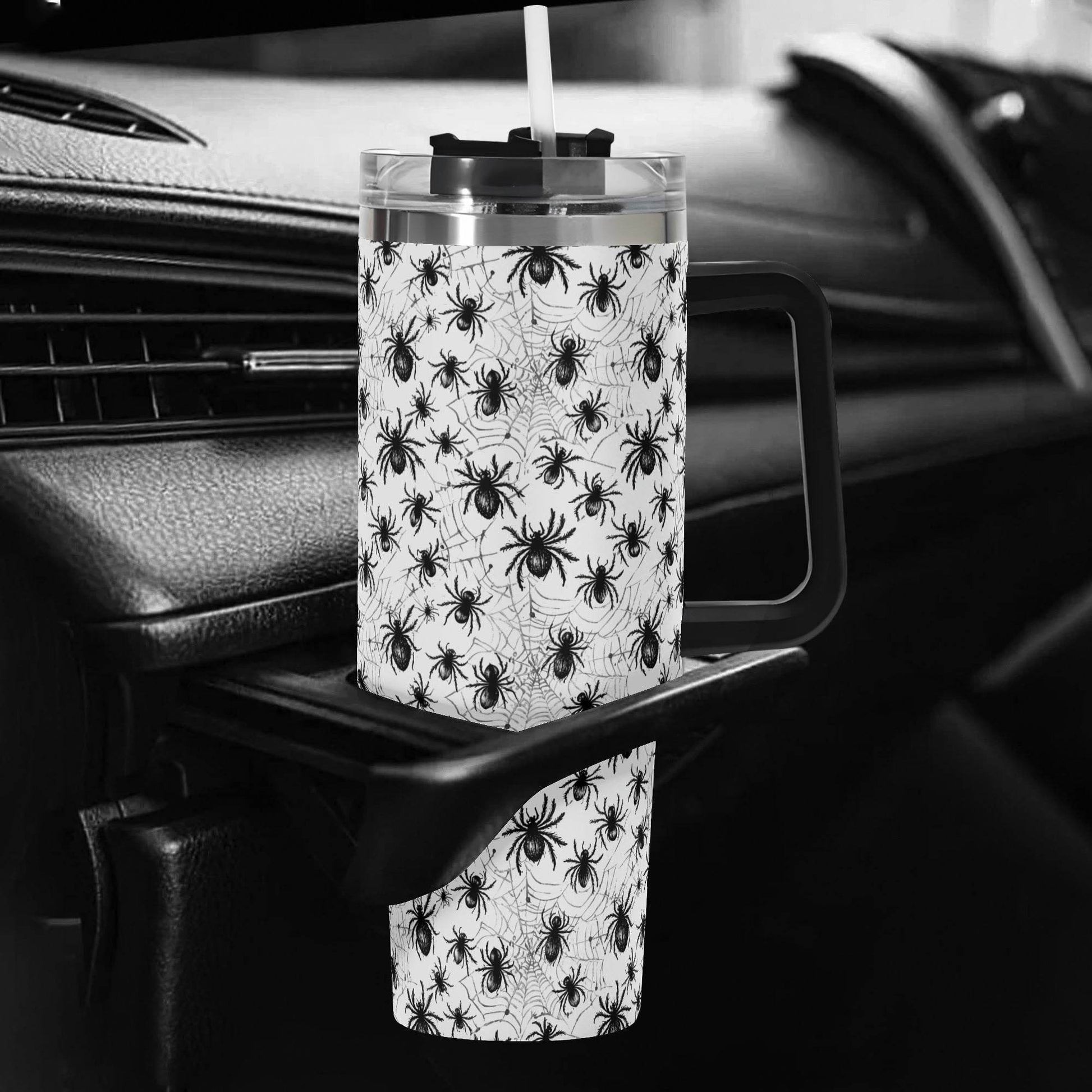 Scary Spiders 40oz Stainless Steel Tumbler Gift With Black Handle and Straw - DeRose Seasonal