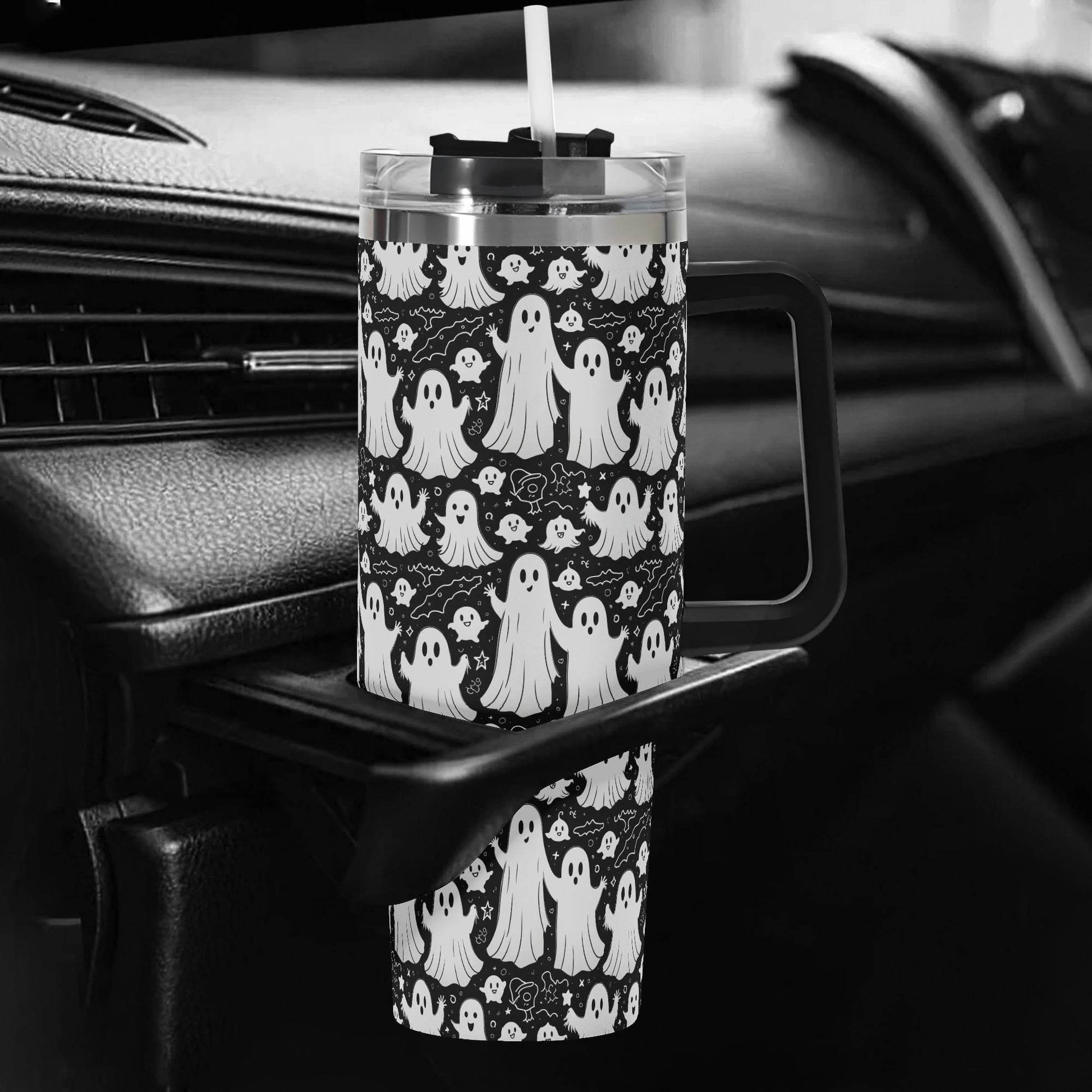 Vintage Ghosts 40oz Stainless Steel Tumbler Gift With Black Handle and Straw - DeRose Seasonal