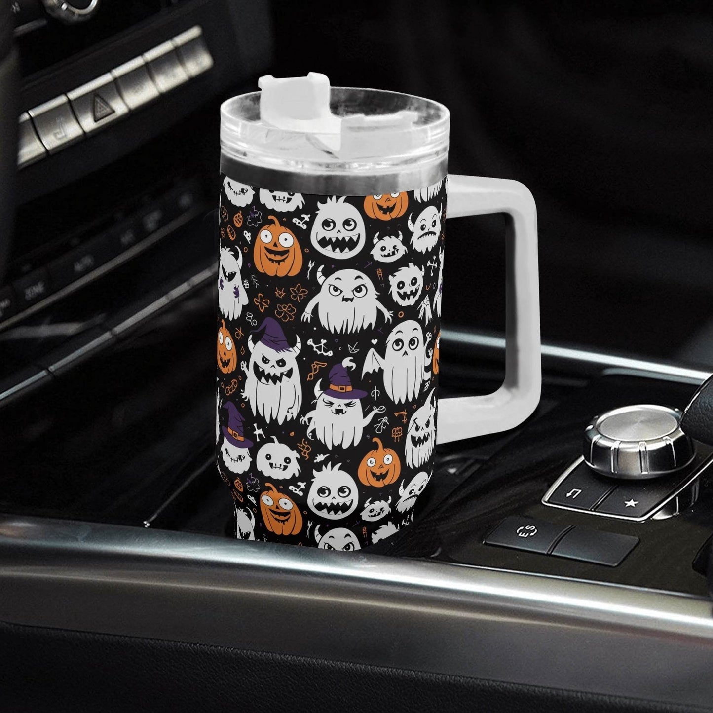 Cute Monster Witches 40oz Stainless Steel Tumbler Gift With White Handle and Straw - DeRose Seasonal