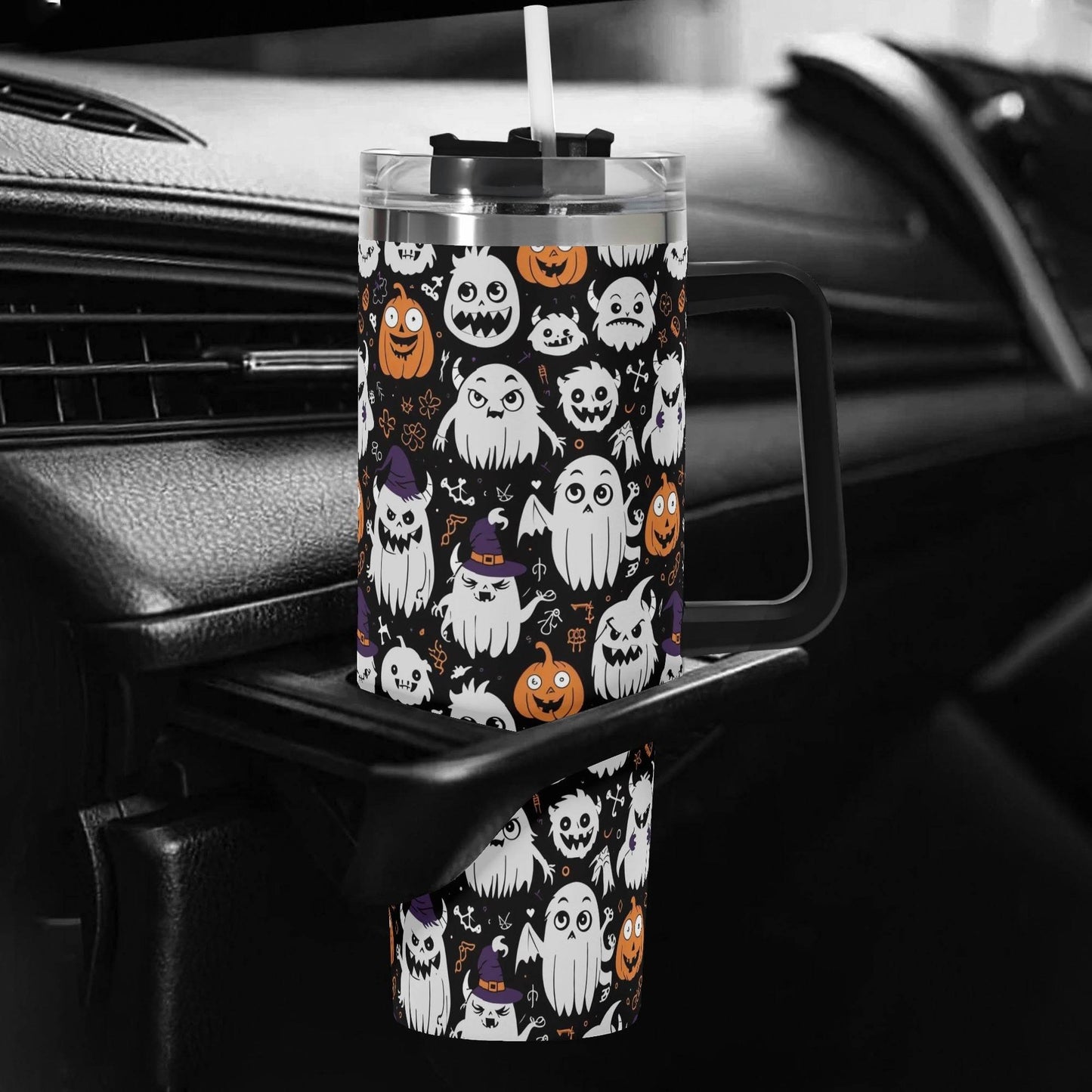 Cute Monster Witches 40oz Stainless Steel Tumbler Gift With Black Handle and Straw - DeRose Seasonal