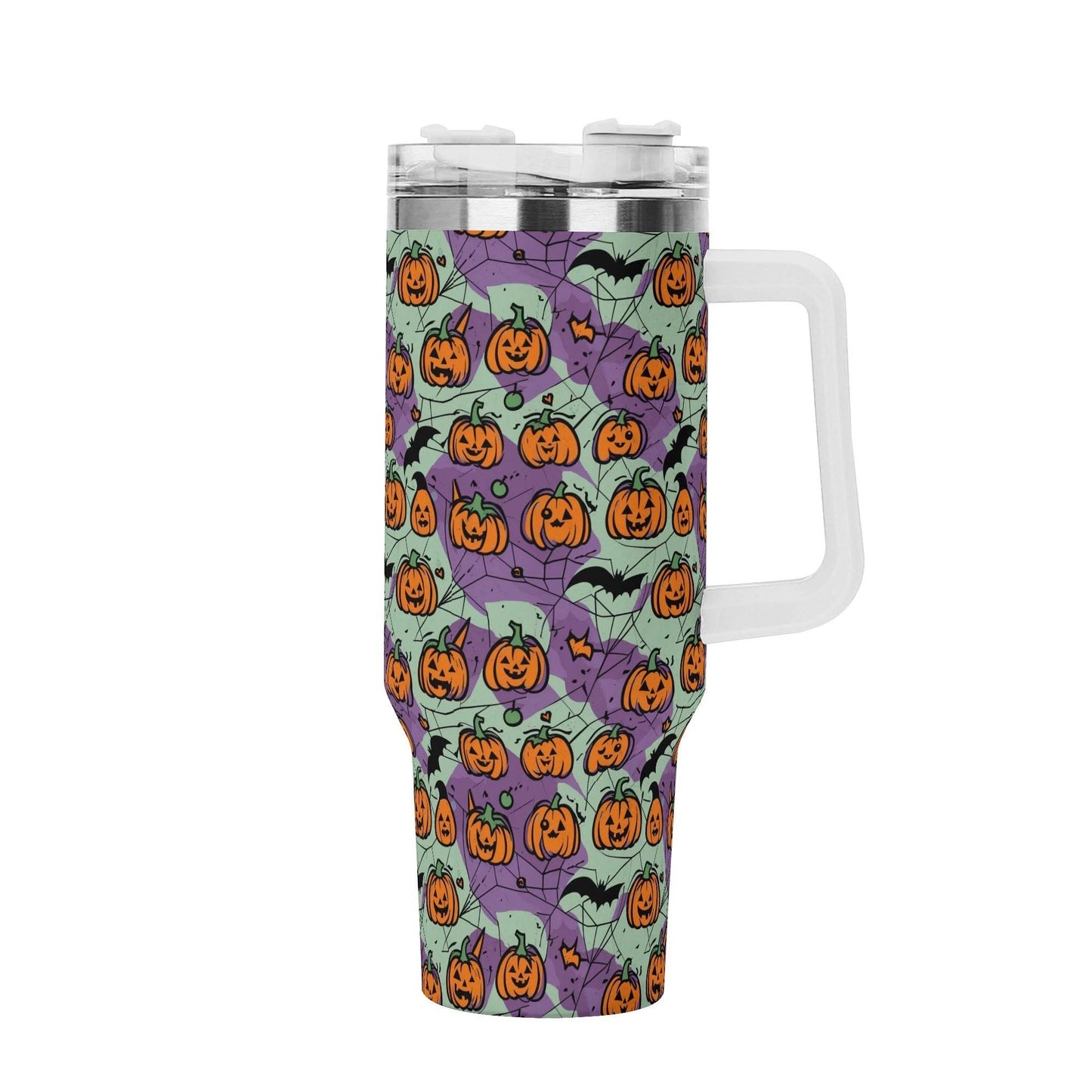 Green Purple Pumpkins 40oz Stainless Steel Tumbler Gift With White Handle and Straw - DeRose Seasonal