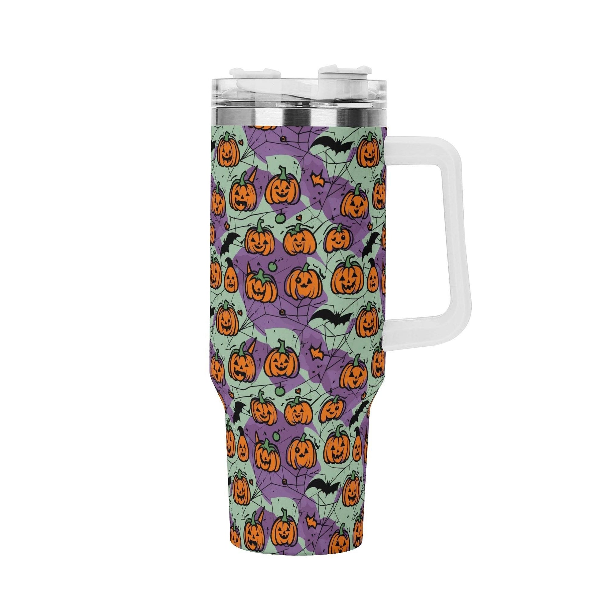 Green Purple Pumpkins 40oz Stainless Steel Tumbler Gift With White Handle and Straw - DeRose Seasonal