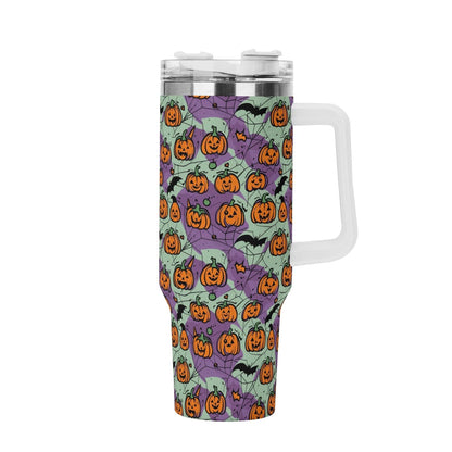 Green Purple Pumpkins 40oz Stainless Steel Tumbler Gift With White Handle and Straw - DeRose Seasonal