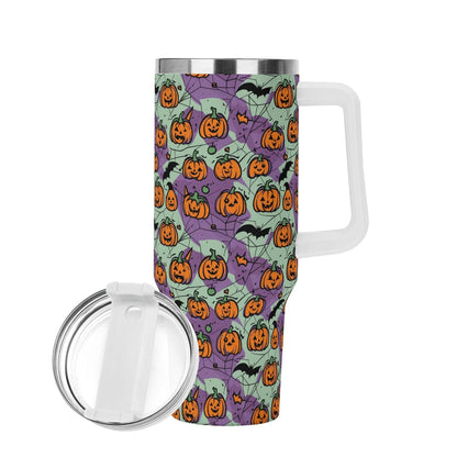 Green Purple Pumpkins 40oz Stainless Steel Tumbler Gift With White Handle and Straw - DeRose Seasonal