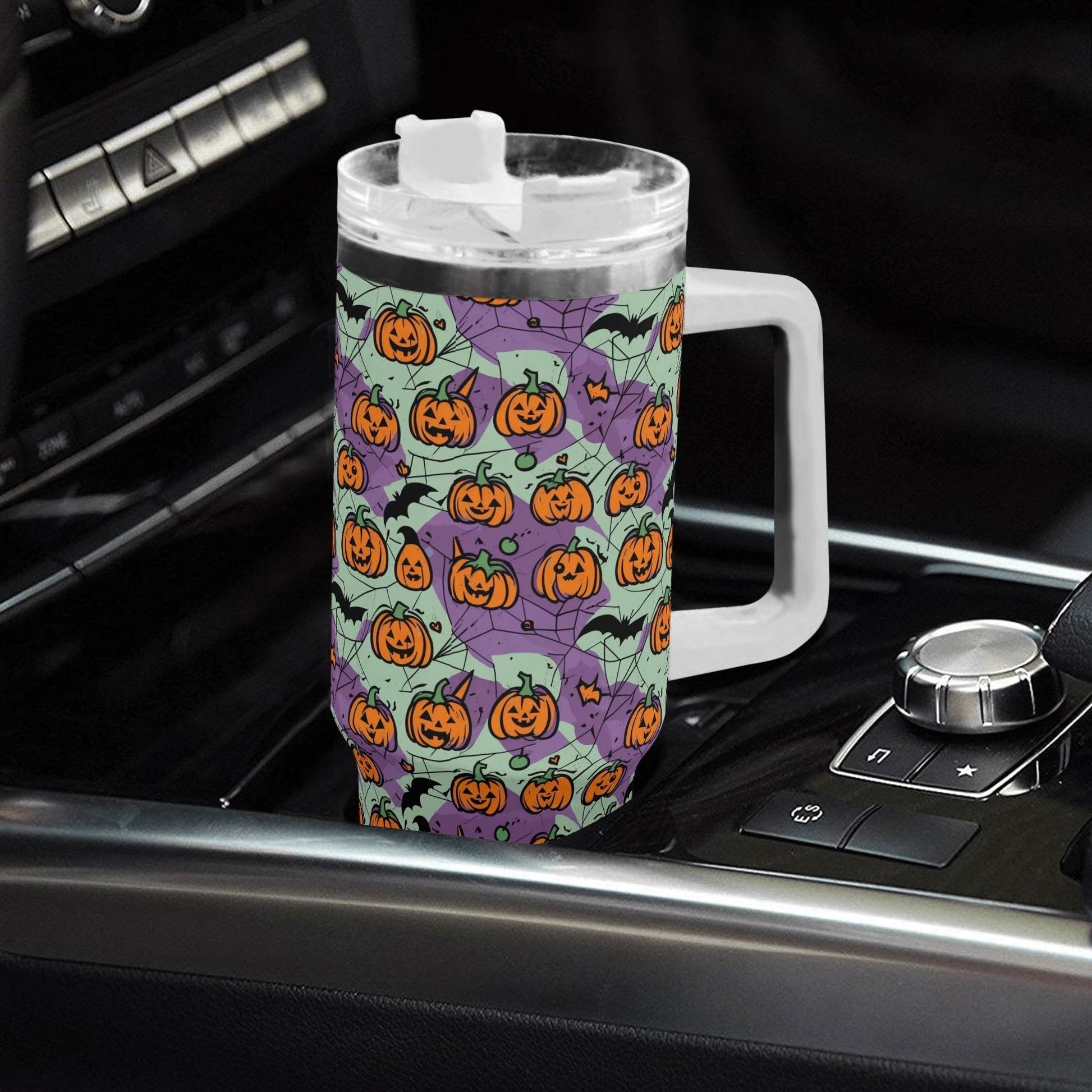 Green Purple Pumpkins 40oz Stainless Steel Tumbler Gift With White Handle and Straw - DeRose Seasonal