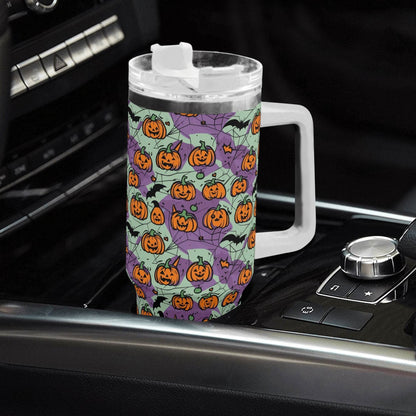 Green Purple Pumpkins 40oz Stainless Steel Tumbler Gift With White Handle and Straw - DeRose Seasonal