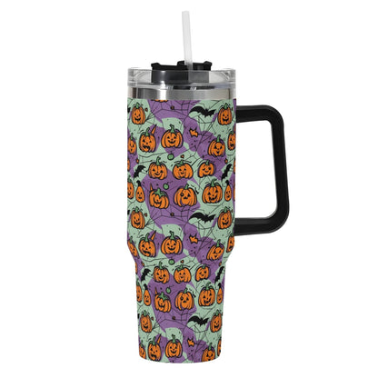 Green Purple Pumpkins 40oz Stainless Steel Tumbler Gift With Black Handle and Straw - DeRose Seasonal