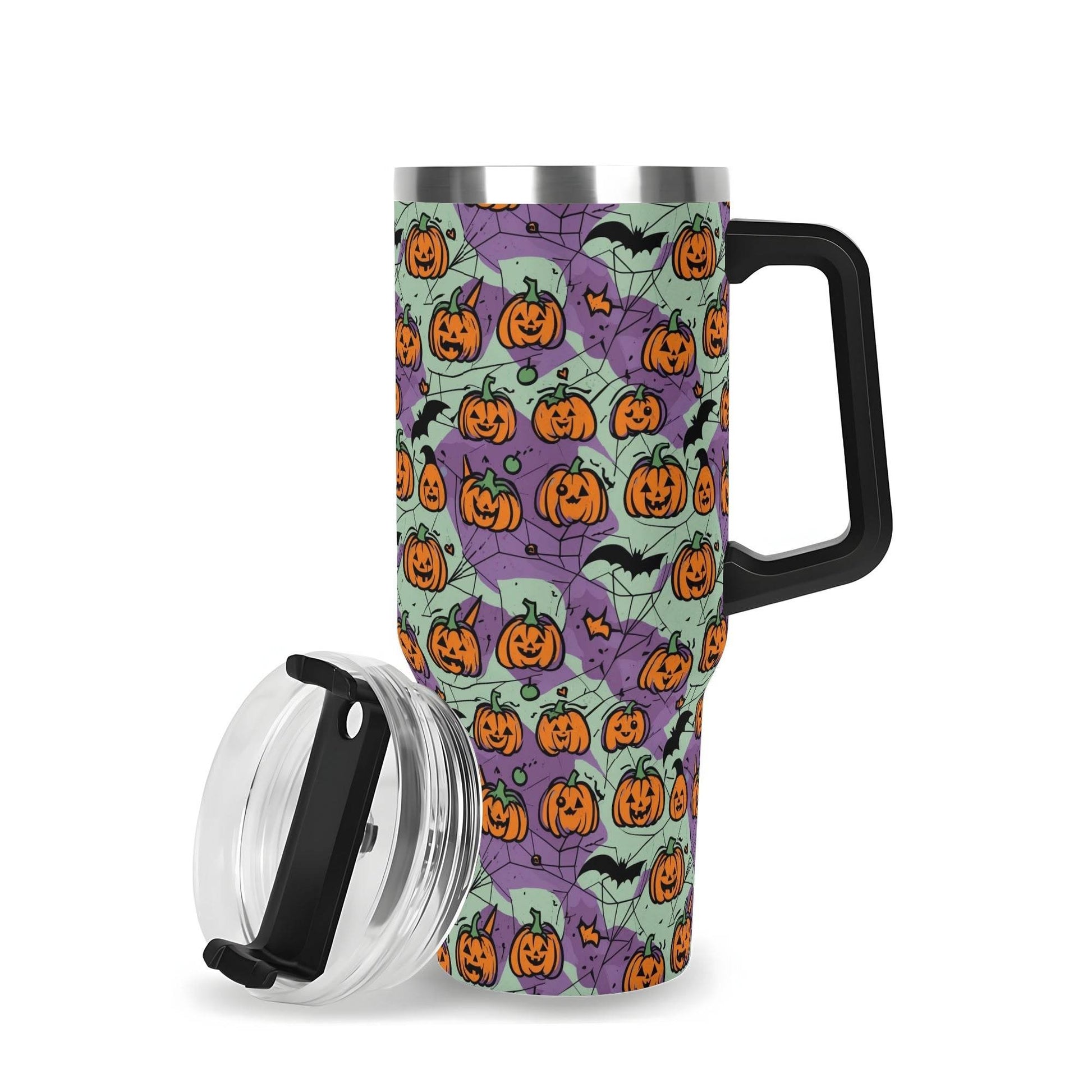 Green Purple Pumpkins 40oz Stainless Steel Tumbler Gift With Black Handle and Straw - DeRose Seasonal