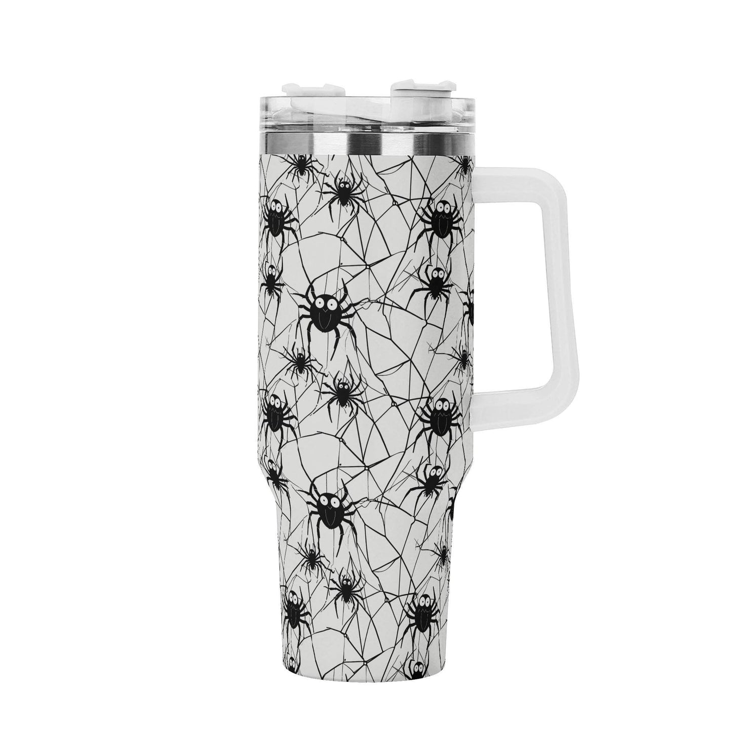 Cute Spider White and Black 40oz Stainless Steel Tumbler Gift With White Handle and Straw - DeRose Seasonal