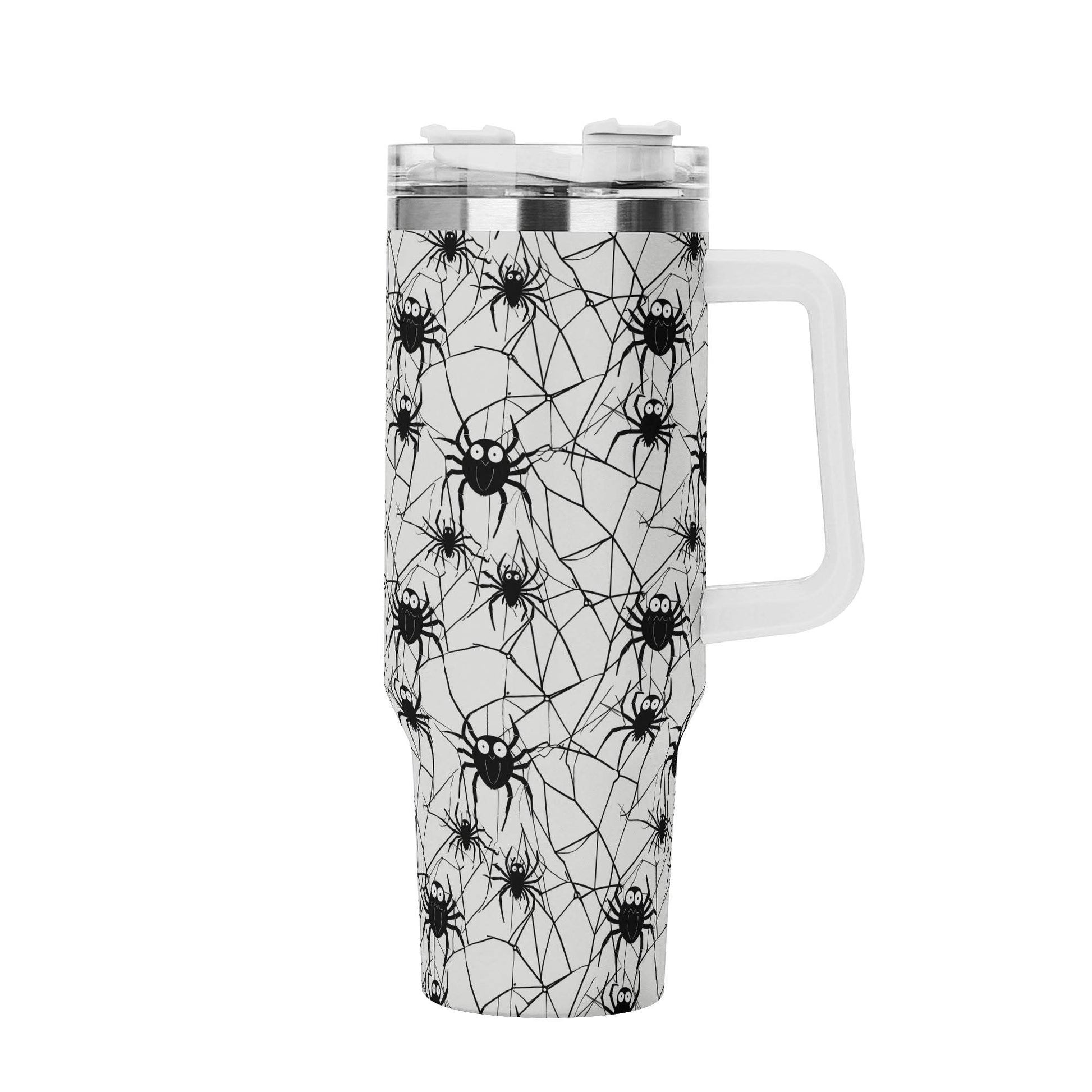 Cute Spider White and Black 40oz Stainless Steel Tumbler Gift With White Handle and Straw - DeRose Seasonal