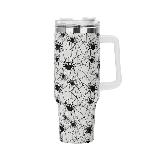 Cute Spider White and Black 40oz Stainless Steel Tumbler Gift With White Handle and Straw - DeRose Seasonal