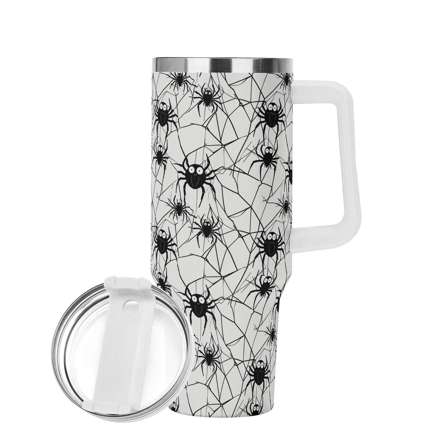 Cute Spider White and Black 40oz Stainless Steel Tumbler Gift With White Handle and Straw - DeRose Seasonal