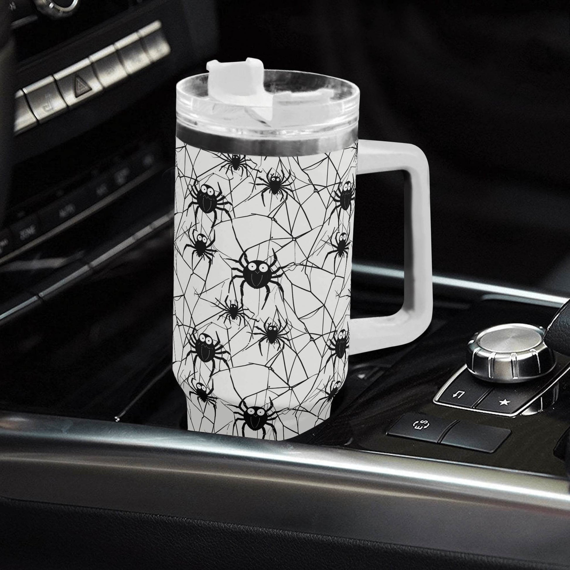 Cute Spider White and Black 40oz Stainless Steel Tumbler Gift With White Handle and Straw - DeRose Seasonal