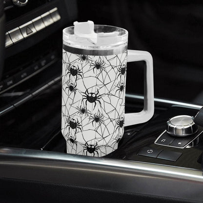 Cute Spider White and Black 40oz Stainless Steel Tumbler Gift With White Handle and Straw - DeRose Seasonal