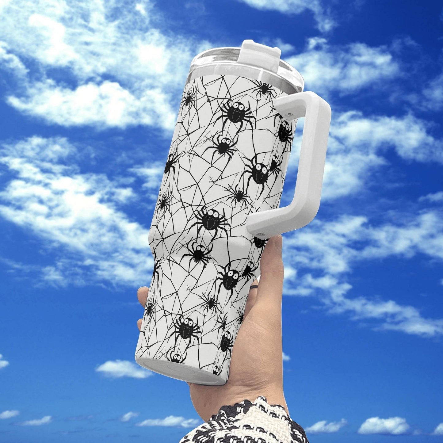 Cute Spider White and Black 40oz Stainless Steel Tumbler Gift With White Handle and Straw - DeRose Seasonal