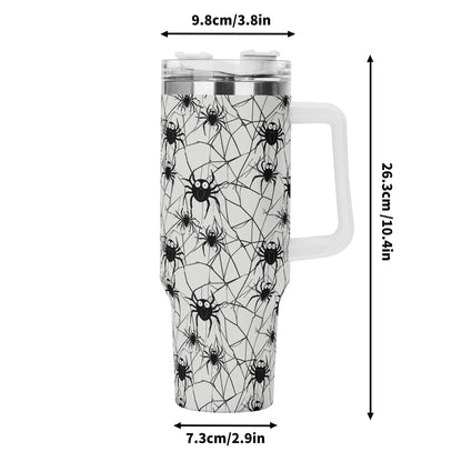 Cute Spider White and Black 40oz Stainless Steel Tumbler Gift With White Handle and Straw - DeRose Seasonal