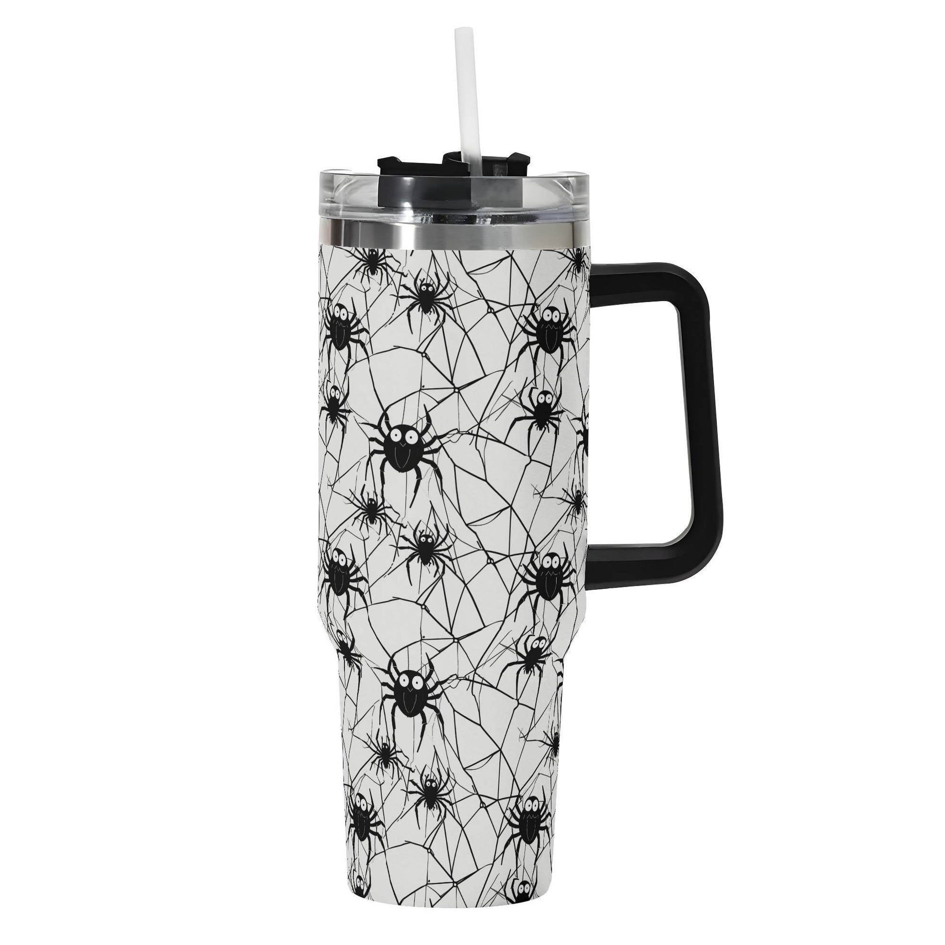Cute Spiders White and Black 40oz Stainless Steel Tumbler Gift With Black Handle and Straw - DeRose Seasonal